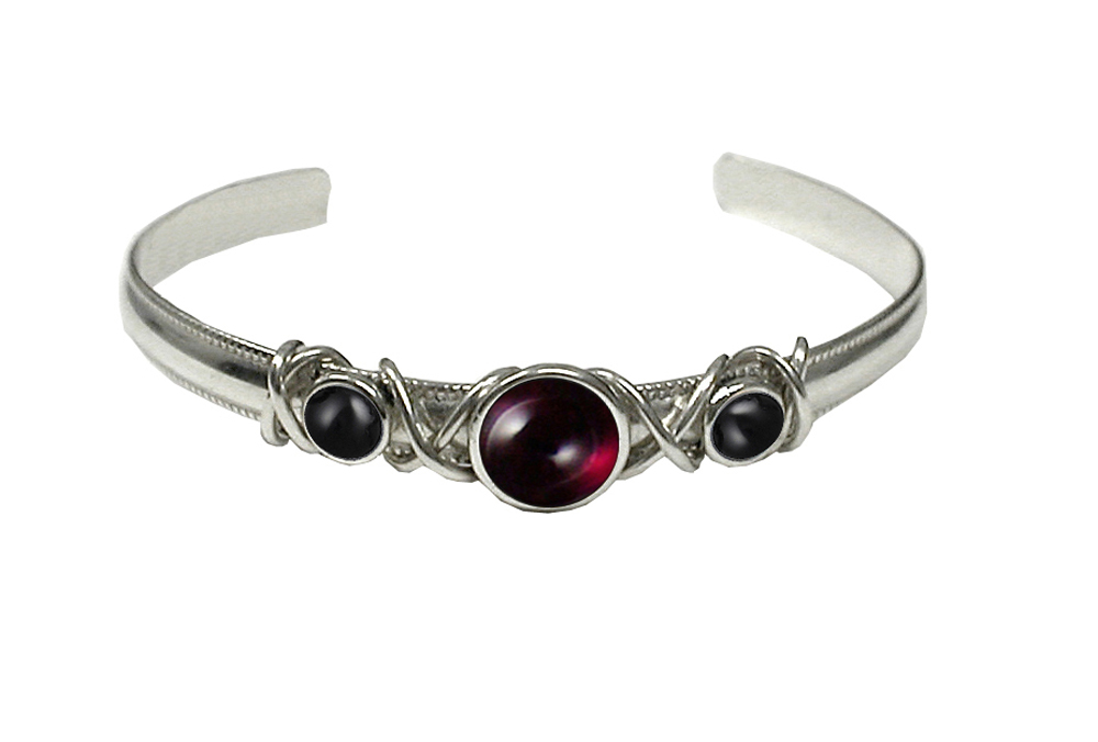 Sterling Silver Hand Made Cuff Bracelet With Garnet And Black Onyx